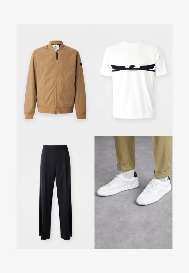 Hellbraune Bomberjacke mit Stehkragen, gerippten Bündchen, zwei seitlichen Taschen und einem schwarzen Logopatch auf dem linken Ärmel. Mit Reißverschluss.; Weißes Baumwoll-T-Shirt mit einem dunkelblauen Adler-Motiv und dem Text "EMPORIO ARMANI" unter dem Design. Kurze Ärmel und Rundhalsausschnitt.; Schwarze, hoch taillierte Hose mit weitem Bein, aus glattem Stoff. Verfügt über vorne gelegte Falten und Gürtelschlaufen. Minimalistisches Design, ohne sichtbare Beschläge.; Weiße Sneakers mit einer strukturierten Lederoberfläche, abgerundeter Zehenpartie und schwarzem Fersenakzent. Gummisohle mit kleinem Profilmuster und genähten Details.
