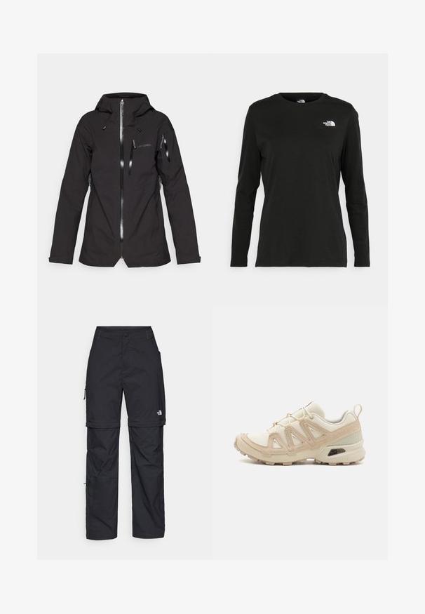 Chaqueta impermeable negra con una silueta ajustada, frente con cremallera, capucha ajustable y múltiples bolsillos con cremallera para almacenamiento.; Camiseta de manga larga negra de algodón con cuello redondo. Presenta un pequeño logotipo blanco en la parte izquierda del pecho. Diseño y ajuste simples.; Pantalones cargo de nailon negro con cremallera desmontable, puños ajustables, múltiples bolsillos y un logotipo en la pierna derecha. Textura suave y ligera.; Zapatilla deportiva beige y crema con parte superior de malla texturizada, superposiciones de soporte y suela de goma con un patrón de tracción.