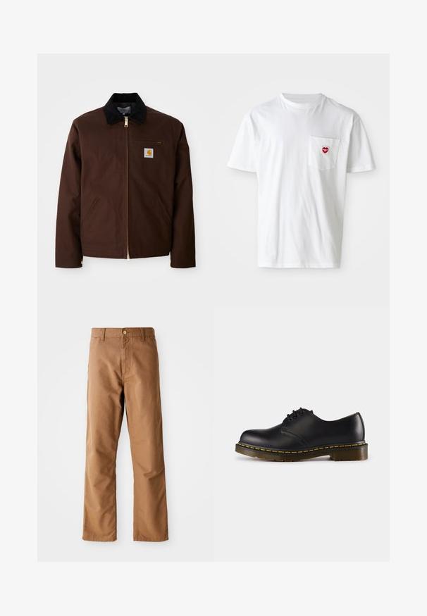Bruine canvas jas met een gouden rits, corduroy kraag, een borstzak aan de linkerkant met logo patch, en zijzakken met verborgen ritsen.; Witte katoenen T-shirt met een ronde hals en korte mouwen. Bevat een klein rood hartlogo op de linkerkant van de borstzak.; Bruine rechte broek met riemlussen, voorkant zakken, knoopsluiting en rits op een witte achtergrond.; Zwarte leren schoen met een ronde neus, vetersluiting, gele stiksels langs de zool en een stevige, geprofileerde rubberen buitenzool.