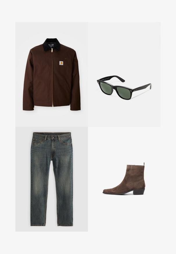 Bruine canvas jas met een gouden rits, corduroy kraag, een borstzak aan de linkerkant met logo patch, en zijzakken met verborgen ritsen.; Grijze T-shirt met korte mouwen, gemaakt van een zachte, lichte stof. Rechte zoom, klassiek rond decolleté ontwerp en subtiele heather structuur.; Blauwe denim jeans met een rechte pijpontwerp, voorzien van een klassieke vijf-pocket stijl, stikselaccenten en een licht vervaagde afwerking.; Bruine suède enkelboot met een spitse neus, een lage blokhak en een lus aan de achterkant voor gemakkelijk aan- en uittrekken. Gladde textuur en eenvoudig ontwerp.; Zwarte plastic zonnebril met groene lenzen, vierkante montuur, zilveren accent op de wenkbrauw en een gestructureerde tempel. Merken vermeld op de binnenkant van de arm.