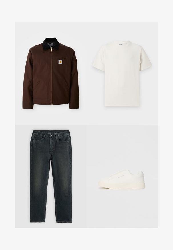 Pruunist kangast jakk, millel on kuldne tõmblukk, volditud krae, vasakul rinnaku taskus logo kleebis ning küljetaskud peidetud tõmblukkudega.; Valge lühikeste varrukatega T-särk ribakudumises. Ümar kaelus, mugav lõige, nähtavad mustrid ega aksessuaarid puuduvad. Lihtne ja mitmekesine disain.; Tumed sinised denim teksad sirgete sääremõõtudega, viie tasku, lukuga ja kontrastsetes õmblustes. Kanga peal on õrn kulumine.; Valged libisemiskindlad tossud tekstuuriga pinnaga, paksu tallaga ja minimalistikus disainis. Küljel on brändi logo.