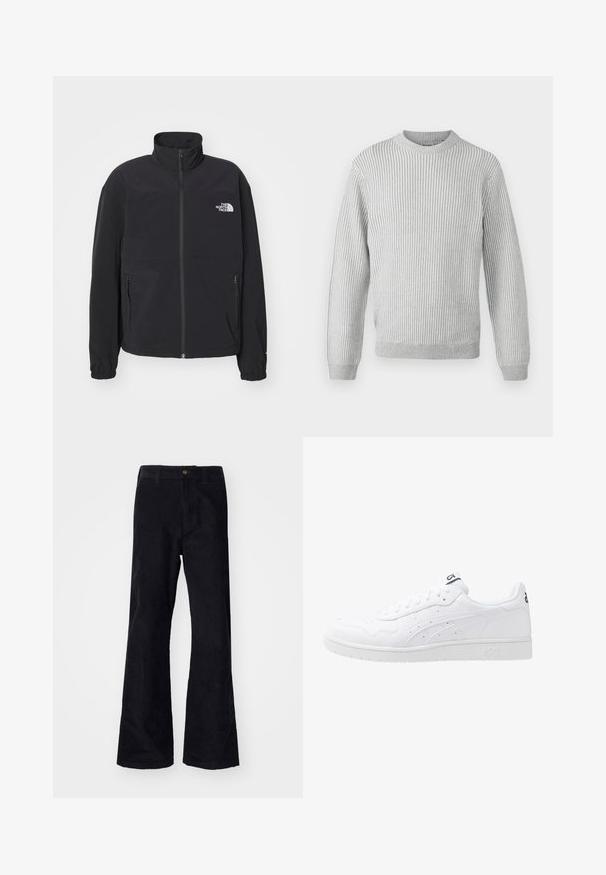 Must hautka must järkev õhuke jope, millel on kõrge krae, vetthülgav lukuga ja kaks küljetaskut, rinnal logo.; Heleda hall hallide ribadega sviiter ümmarguse kaelusega, pikad varrukad ja sirge äär. Valmistatud pehmest, tekstuuriga kangast.; Mustad mustad flared püksid traditsioonilise vöökoha, ühe esiknappi ja taskutega külgedel ja taga. Sile tekstuur.; Valged nahast spordijalatsid sileda viimistlusega, perforatsioonidega aktsentide ja tekstuuriga keskosa. Tootel on logo keele peal ja külgmistel ribadel.