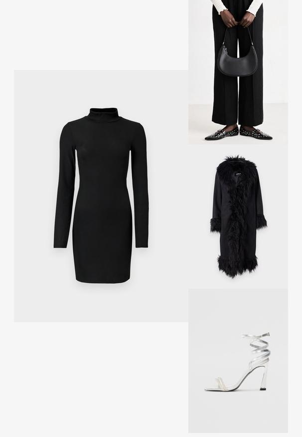 ONLY ONLVIENNA SUEDE COAT - Classic coat - black; Black ribbed long-sleeve dress with a mock neck, fitted silhouette, and smooth texture. Mid-thigh length and no visible patterns or accents.; Silver high-heeled sandal with a shiny strap design, featuring a pearl-like accent and a spiraled ankle strap for secure fit.; Black leather shoulder bag with a rounded shape, glossy finish, and silver hardware. Person wearing black wide-leg pants and studded loafers.