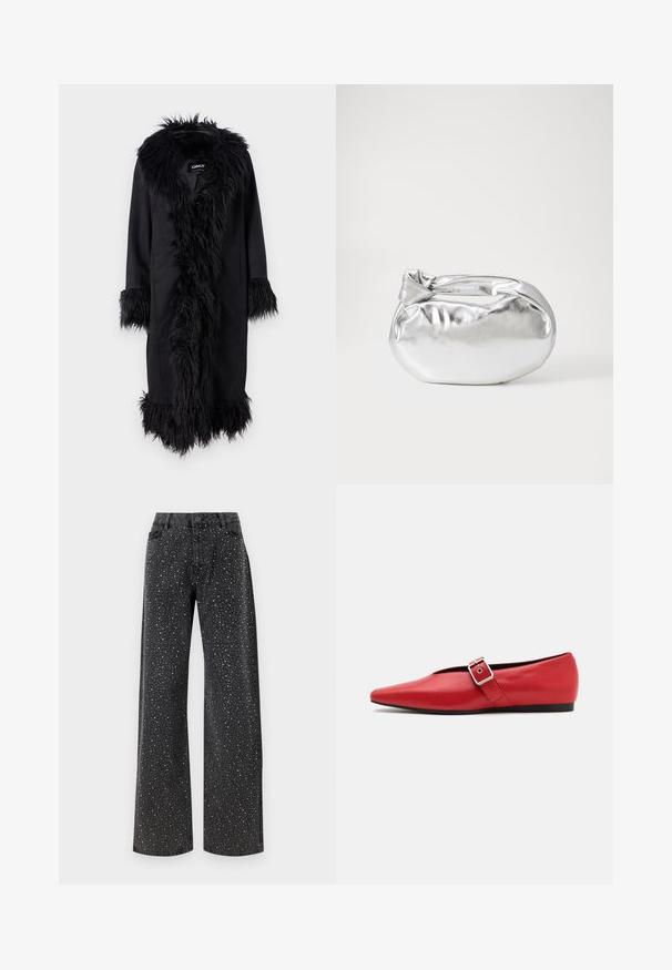 ONLY ONLVIENNA SUEDE COAT - Classic coat - black; Red, sheer blouse with textured, ruffled fabric. Features long sleeves with smocked cuffs and a V-neckline, cinched at the waist.; Noisy May NMJANNEL LOOSE - Relaxed fit jeans - black denim; Red leather flat shoe with a pointed toe, featuring a side strap with a metal buckle and a low black heel. Smooth texture throughout.; Silver metallic pouch bag with a soft, rounded shape and a knotted top closure. Made from smooth faux leather material.; Silver hoop earrings with a minimalist design. Circular shape, smooth texture, and thin profile. Lightweight with a polished finish.