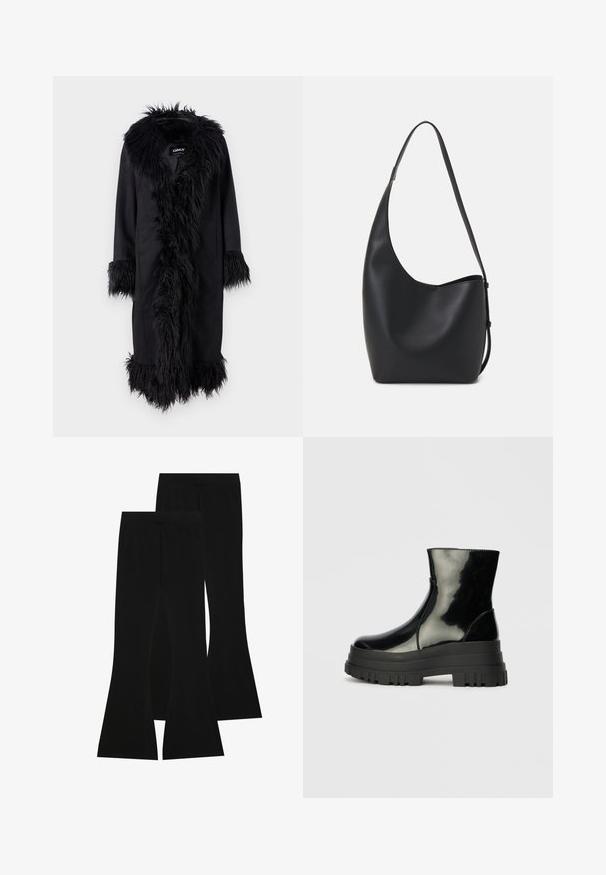 ONLY ONLVIENNA SUEDE COAT - Cappotto classico - black; Top corto grigio scuro con scollatura a barca. Realizzato in tessuto a costine, presenta una vestibilità rilassata e un orlo pulito. Design semplice, senza motivi.; Pantaloni neri a zampa d'elefante realizzati in tessuto elasticizzato, con vita alta e una superficie liscia, dal taglio aderente che si allarga a partire dal ginocchio.; Stivale nero lucido alla caviglia con suola spessa e tonda, vista laterale su sfondo grigio chiaro uniforme.; Borsa hobo nera in pelle con una superficie liscia, forma curvata e una singola tracolla regolabile; presenta un'ampia apertura nella parte superiore.