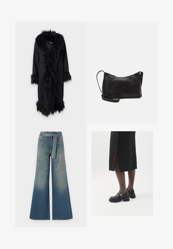 ONLY ONLVIENNA SUEDE COAT - Manteau classique - black; Pull en maille noir marine raccourci avec une texture côtelée, des manches courtes et larges, et un col rond. Design simple, sans motifs ni accents visibles.; Pantalons en denim à jambe large présentant un dégradé de bleu clair à bleu foncé, taille haute, passants de ceinture et une ceinture en tissu assortie. Finition en denim texturé.; Chaussures noires en cuir avec un bout arrondi, un épais talon bloc et des accents latéraux élastiques, associées à des bas foncés et une jupe noire avec une fente.; Sac à épaule en cuir noir avec une texture lisse, une forme courbée, une bandoulière ajustable et une fermeture éclair. Design minimaliste sans embellissements.