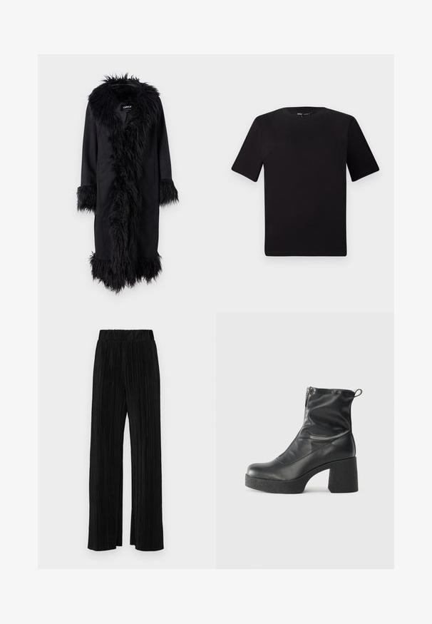 ONLY ONLVIENNA SUEDE COAT - Cappotto classico - black; T-shirt nera a maniche corte con scollatura rotonda, realizzata in morbido cotone. Design semplice, senza loghi o motivi visibili.; Pantaloni neri a plissé con vita elasticizzata. Presentano gamba ampia e un tessuto liscio e texture con strisce verticali.; Stivali neri alla caviglia in pelle liscia, con zip laterale, tacco spesso e texture, e punta arrotondata.