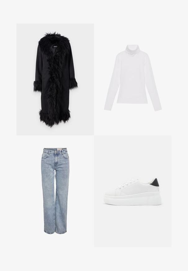 ONLY ONLVIENNA SUEDE COAT - Klassisk frakke - black; Hvid langærmet turtle-neck top lavet af glat, strækbart stof. Har en høj krave og tætsiddende design, uden synlige mønstre eller udsmykninger.; Lyseblå vidde jeans lavet af denim, med høj talje, fem-lomme design og subtil falmning for et slidt look.; Hvide platform sneakers lavet af glat syntetisk materiale, med en afrundet tå, snørebåndsdesign og en struktureret gummisål. Sorte hæl akcent.