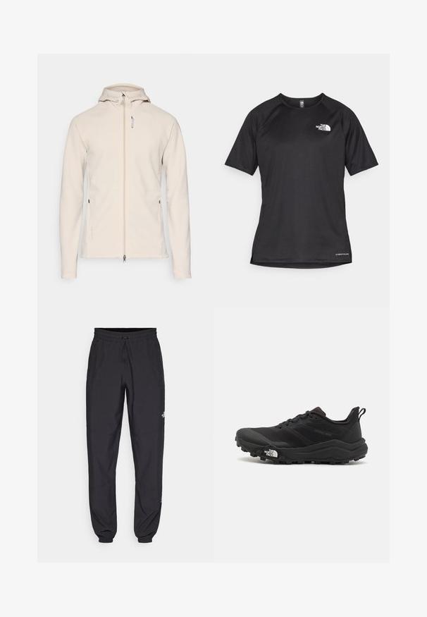 Svetlo bež jopič s kapuco iz mehkega materiala, z zadrgo po celotni dolžini spredaj, raglan rokavi in dvema stranskima žepoma. Diskreten logotip na robu.; Črna kratko rokavna športna majica iz teksturirane tkanine, z belim logotipom na levem prsnem delu in ravnim robom.; Črne atletske hlače iz lahkega materiala, ki imajo elastični pas z vezalko, stranske žepe in zožene manšete na gležnjih.; Črne tekaške čevlje za trail s teksturirano zgornjega dela, gumijastim podplatom in ojačanim zaključkom prstov. Vključuje oblazinjen ovratnik in zanko za enostavno obuvanje.