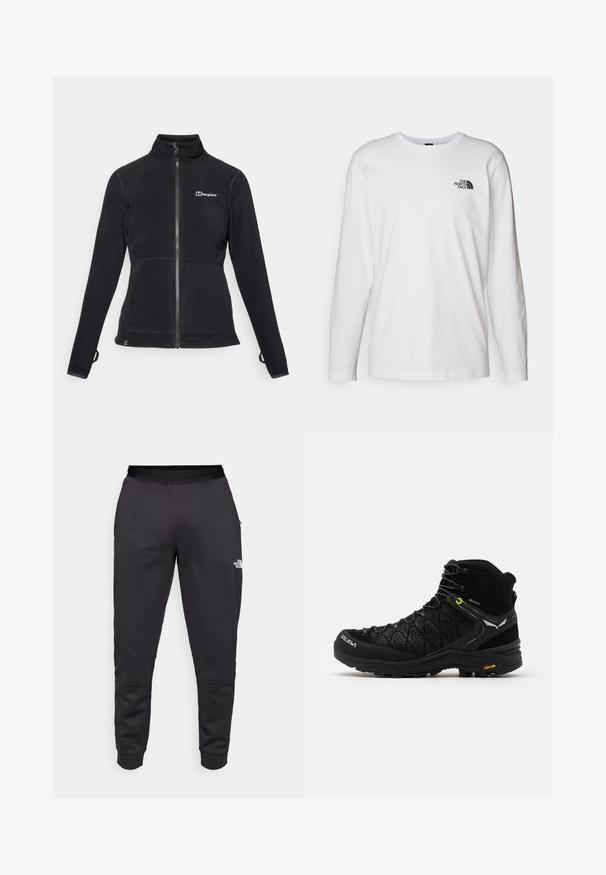 Mustavillainen fleece-zip-up-takki, jossa on korkea kaulus, vasemmalla puolella pieni logo ja joustavat hihansuut tiukan istuvuuden takaamiseksi. Tekstuuri materiaali, ilman kuvioita.; Valkoinen pitkähihaisen T-paita, joka on valmistettu puuvillasta ja jossa on pyöreä kaula-aukko. Rintamuksessa on pieni musta logo. Sileä kangas, normaali malli.; Mustat collegehousut, jotka on valmistettu sileästä kankaasta ja joissa on kapeampi leikkaus, joustava vyötärönauha ja logotieto oikeassa lahkeessa.; Musta vaelluskenkä, jossa on teksturoitu päällyskangas, vahvistettu varvas ja Vibram-pohja. Kiristysjärjestelmässä on koukkuja, jotka takaavat turvallisen istuvuuden.