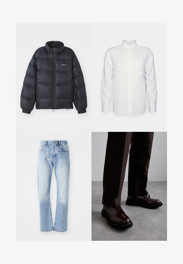 Črna puffer jakna z visokim ovratnikom, zadrgo, elastičnimi manšeti in logotipom na prsih. Gladek, sijoč material s podloženo zasnovo.; Bela srajca z dolgimi rokavi iz bombaža, z znižanimi ovratnikom, sprednjim žepom in običajnim krojem. Teksturirana tkanina s gladko površino.; Svijetloplavi traperice s ravnim nogavicama. Sadrže dizajn s pet džepova, patentni zatvarač i izbjeljenu teksturu prema dnu.; Bordeaux usnjeni čevlji na vezanje z leskom, črnim gumijastim podplatom in diskretno šivanjem. Nosi se z rjavo prugastimi hlačami.