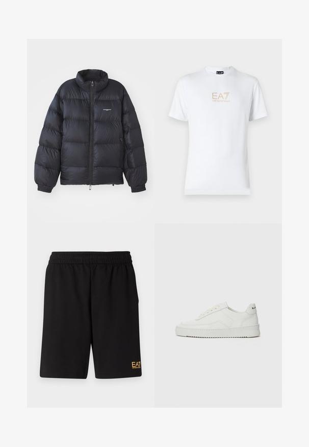 Černá péřová bunda s vysokým límcem, zipovým zapínáním, elastickými manžetami a logem na hrudi. Hladký, lesklý materiál s polstrovaným designem.; Bílé bavlněné tričko s kulatým výstřihem a krátkým rukávem, na přední straně s potiskem zlatého loga EA7 Emporio Armani.; Černé sportovní šortky vyrobené z měkké látky, s elastickým pasem a malým žlutým logem EA7 na dolní části levé nohy.; Bílé kožené tenisky s hladkým povrchem, kulatou špičkou, plochými tkaničkami a texturovanou podrážkou. Na patě se nachází nenápadné logo.