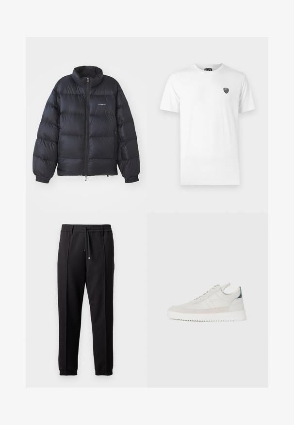 Juoda pūkinė striukė su aukštu apykakle, užtrauktuku, elastiniais rankogaliais ir logotipu krūtinėje. Sklandus, blizgus audinys su paminkštinta struktūra.; Balta medvilninė marškinė su trumpomis rankovėmis, su mažu juodu logotipu kairėje krūtinės pusėje. Klasikinio apvalaus kaklo dizainas.; Juodos kelnės su juosmeniu, raišteliu ir elastingais rankogaliais. Yra raukšlės ir lygus, tekstūruotas audinys.; Balti odiniai sportbačiai su pilkais zomšos akcentais, su raišteliais, su traukimo juostele ir tekstūruota guma, kurioje matomas zigzago raštas.