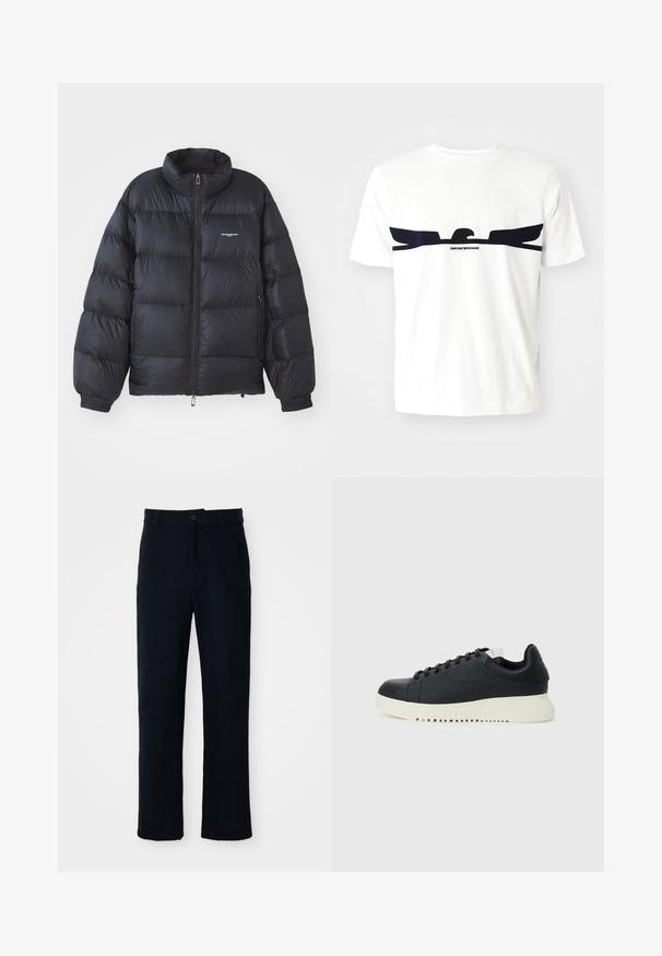 Casaco puffer preto com gola alta, fecho de zíper, punhos elásticos e um logótipo no peito. Material liso e brilhante com um design acolchoado.; T-shirt de algodão branco com um gráfico de uma águia em azul-marinho e o texto "EMPORIO ARMANI" abaixo do design. Mangas curtas e gola redonda.; Calças azul marinho em algodão, com um design de perna reta, fecho frontal com botão e cinta clássica com passantes para cinto.; Ténis pretos texturizados com bicos redondos, seis buracos para atacadores e solas de borracha brancas com ranhuras horizontais. Design minimalista, sem logótipos visíveis.