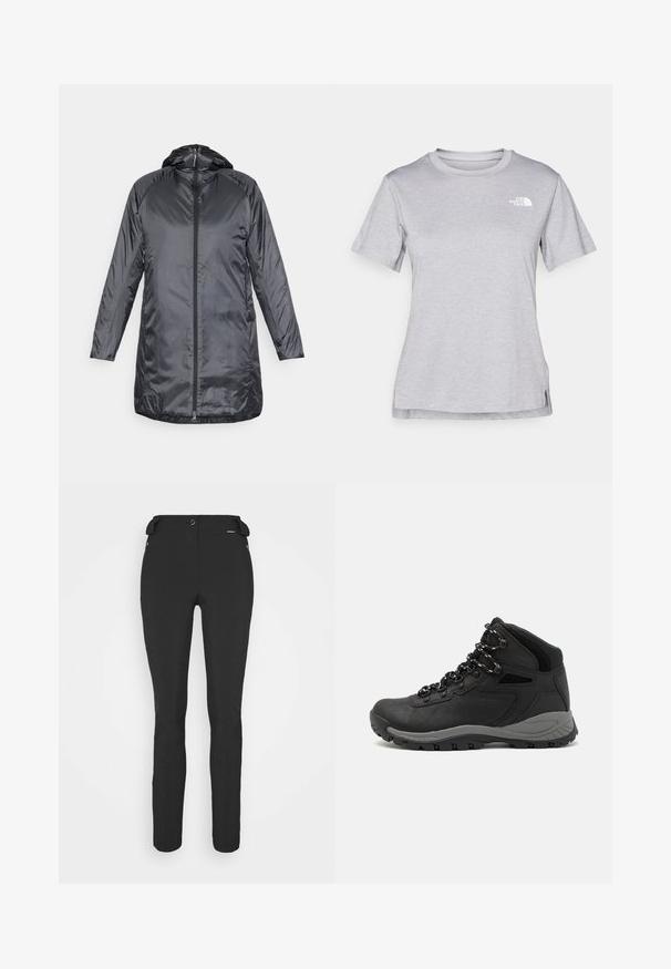 Houdini DUNFRI - Parka - true black; T-shirt grigio a maniche corte realizzato in morbido tessuto traspirante. Presenta un collo tondo e un piccolo logo bianco nella parte superiore sinistra.; Pantaloni neri aderenti realizzati in materiale flessibile. Presentano una tasca laterale con zip, ginocchia articolate e una texture liscia.; Stivale da trekking nero con design a metà altezza, dotato di una tomaia texturizzata, accenti grigi e suola in gomma resistente con tasselli per la trazione.