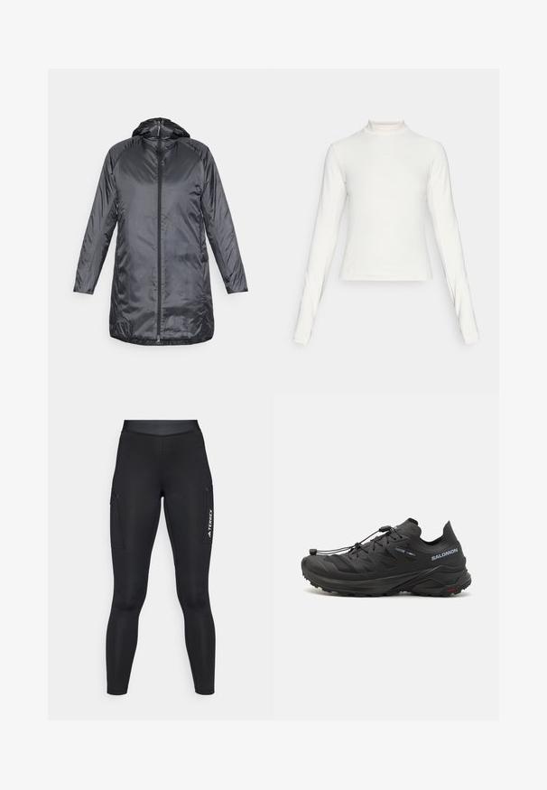 Houdini DUNFRI - Parka - true black; Ilgų rankovių baltas sportinis marškinėlis su pusapykakle ir mažuoju centro logotipu ant krūtinės, pateiktas ant vientiso fono.; Juodos sportinės tamprės su prigludusia siluetu, pagamintos iš tampraus audinio. Yra šoninės kišenės ir baltas "TERREX" logotipas.; Juodi bėgimo batai trail su tekstūruota viršutinė dalimi, tinklinėmis dalimis ir saugiai užsegamu sistemu. Turima tvirta pado struktūra, užtikrinanti sukibimą.
