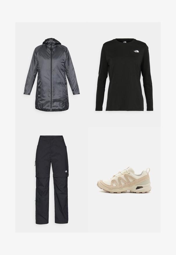 Houdini DUNFRI  - Parkas - true black; Svart långärmad t-shirt i bomull med rund hals. Har en liten vit logotyp på vänster bröstområde. Enkelt design och passform.; Svarta nylonbyxor med avtagbara ben, justerbara muddar, flera fickor och en logotyp på högra benet. Slät, lätt textur.; Beige och krämfärgad atletisk sko med texturerad meshovandel, stöttande överdrag och gummisulor med ett mönster för grepp.