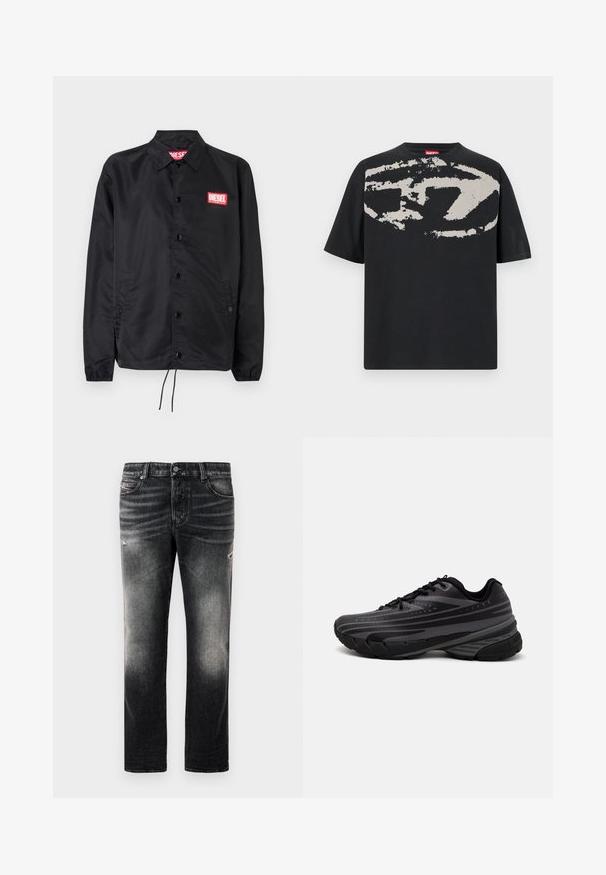 Jaqueta preta feita de material suave e leve, com fecho de botão na frente, punhos elásticos, bolsos laterais e um patch do logótipo vermelho da Diesel.; T-shirt preta com uma grande estampa abstrata cinza claro na frente. Mangas curtas e um decote redondo clássico. Material em algodão.; Calças jeans pretas com acabamento desbotado e detalhes desgastados, design padrão de cinco bolsos e fecho com zip. Feitas de tecido denim.; Shoe de corrida preta com um cabedal texturizado apresentando riscas cinzentas. Sola grossa para amortecimento, bico redondo e atacadores planos para um ajuste seguro.