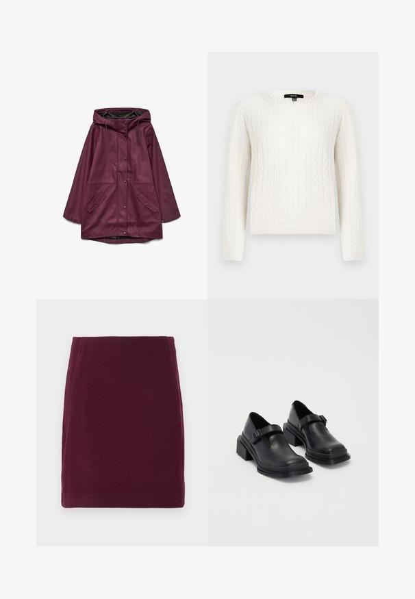 Parka impermeabilă de culoare burgundă cu glugă, având închidere cu capse și două buzunare frontale; realizată dintr-un material neted și rezistent.; Pulover alb din tricot cu model de cable, cu mâneci lungi, guler rotund și un detaliu decorativ cu perlă la guler. Textură moale și design strâns.; Vero Moda VMFORTUNALLISON SHORT - Fustă în formă de A - winetasting; Pantofi din piele neagră cu vârf rotunjit, talpă plată și o curea cu detaliu de cataramă. Toc gros pentru o stabilitate suplimentară.