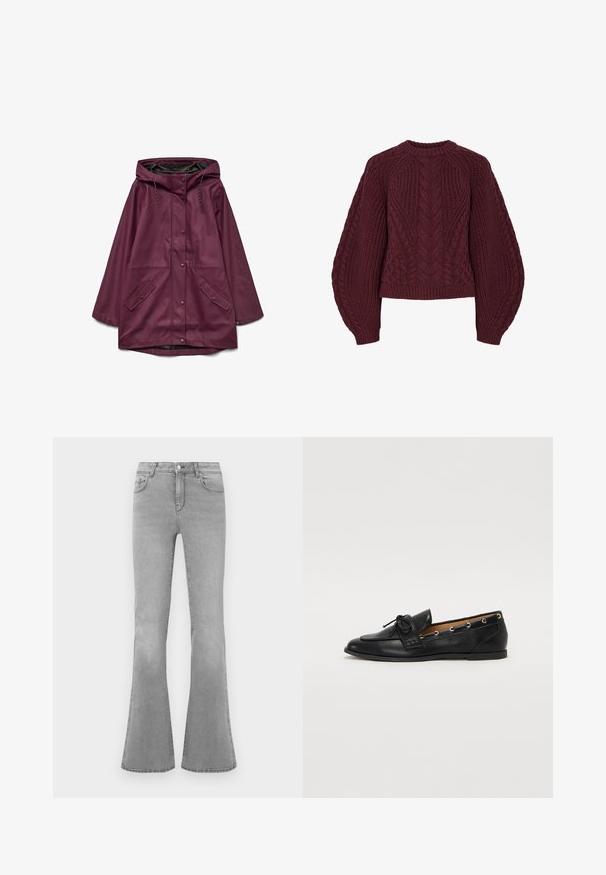 Bordó vízálló parkában, kapucnival, amely patentos záródással és két elülső zsebbel rendelkezik; sima, tartós anyagból készült.; Burgundy kötött pulóver texturált kábelmintákkal, kerek nyakkal és puffos ujjal. Az bordázott mandzsetta és szegély kiemeli a dizájnt.; Szürke, trapéz szabású farmernadrág, klasszikus ötpocket dizájnnal, cipzáras sliccsel és finom kopási részletekkel a lábak mentén.; Fekete bőr lófarok cipők, megkötött masnival, arany szemcsés díszítéssel az oldalán és lapos gumitalppal. Simaság, klasszikus dizájn.