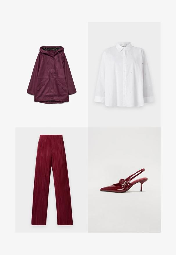 Parka à prova d'água na cor borgonha, com capuz, apresenta fecho de botão de pressão e duas bolsos frontais; feita de um material liso e durável.; Camisa branca de botões feita de tecido leve, com pequenos recortes em forma de coração, mangas longas e um colarinho clássico.; Calças largas plissadas em cor bordeaux com cintura elástica. O tecido texturizado apresenta riscas verticais. Corte reto até à bainha.; Sapatos de salto slingback em verniz vermelho, com bico fino, duas tiras com fivela e um salto stiletto fino de altura média. Textura suave.