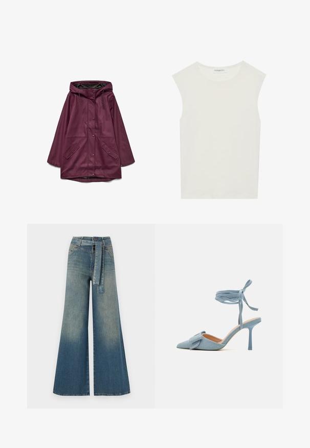 Burgundy waterproof parka with a hood, featuring snap button closure and two front pockets; made from smooth, durable material.; White sleeveless top with a round neckline. Made of smooth fabric, it features a relaxed fit and minimalist design. No patterns or accents.; Wide-leg denim trousers featuring a light to dark blue gradient, high waist, belt loops, and a matching fabric belt. Textured denim finish.; Pointed-toe high heel shoe in light blue fabric with a textured finish, featuring a bow accent and ankle strap for secure fit.