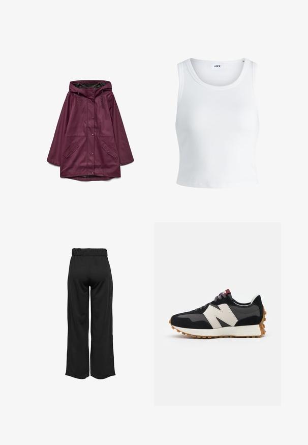 Burgundiška vandeniui atspari parka su kapišonu, turinti spaudžiamą mygtuką ir dvi priekinės kišenes; pagaminta iš lygaus, patvaraus medžiagos.; Balta raukšlėta tank top marškinėliai su apvaliu iškirpimu, be rankovių dizainu ir trumpa ilgio. Etiketėje parašyta "JJXX." Lygus audinio paviršius.; Juodos, plačios kelnės su elastinga juosta, pagamintos iš lygaus audinio. Pasižymi švariu dizainu, be kišenių ar matomų siūlių detalių.; Juoda ir pilka zomšinė sportinė avalynė su dideliu kreminiu "N" logotipu, violetinėmis raištelėmis ir tekstūruota gumos padu.
