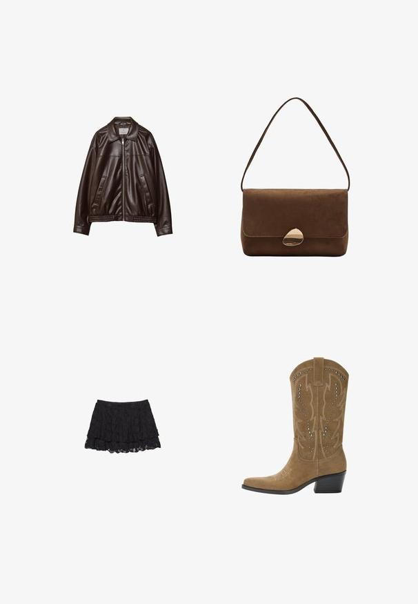 Giacca in ecopelle marrone scuro con zip frontale, colletto, due tasche diagonali e orlo elasticizzato su sfondo bianco.; Body nero a maniche lunghe con scollo quadrato e chiusure a pressione all'inguine, disteso su uno sfondo bianco.; Gonna in pizzo nero con un design a strati, caratterizzata da una superficie texturizzata e un orlo scalloppato. Vita elasticizzata per una vestibilità comoda.; PULL&BEAR Stivali texani / biker - beige; Borsa a spalla in suede marrone con chiusura curva in oro e tracolla singola, forma rettangolare con chiusura a pattina.
