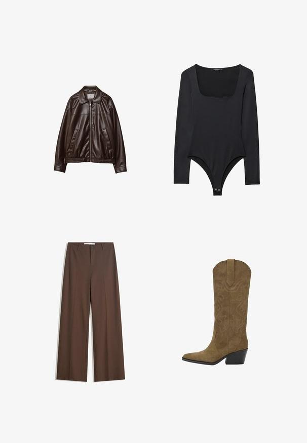 Tamno smeđa jakna od umjetne kože s prednjim zatvaračem, ovratnikom, dva dijagonalna džepa i elastičnom donjom rubom na bijeloj pozadini.; Crna bodi s dugim rukavima, kvadratnim izrezom i dugmadi na preponama, položen na bijeloj pozadini.; Smeđe široke hlače s glatkom teksturom, prednjim nabranim detaljima, zatvaranjem na dugme i dva bočna džepa. Dizajnirane za udobnost i svestranost.; Kaožna cowboy čizma smeđe boje do sredine lista, s izvezenim uzorcima spirala, šiljastim prstom, trakom za povlačenje i nagibom crnog složenog potplata.