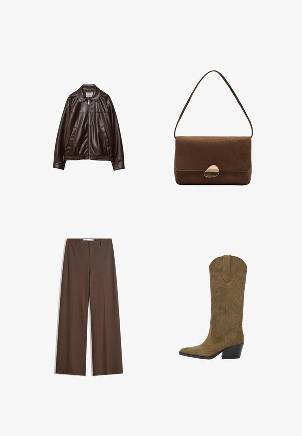 Veste en cuir synthétique marron foncé avec fermeture éclair frontale, col, deux poches en diagonale et ourlet élastique sur fond blanc.; Body noir à manches longues avec décolleté carré et fermetures à pression à l'entrejambe, posé à plat sur un fond blanc.; Pantalons larges marron avec une texture lisse, des plis à l'avant, une fermeture à bouton et deux poches latérales. Conçus pour le confort et la polyvalence.; Botte de cowboy en daim marron mi-mollet avec des motifs en spirale brodés, bout pointu, tirette et talon empilé noir incliné.; Sac à épaule en daim marron avec un fermoir en or courbé et une seule sangle, de forme rectangulaire avec fermeture à rabat.