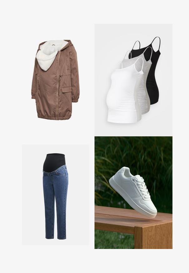 Brown jacket with a plush white inner lining, zip closure, two side pockets, and an adjustable hood. Elasticated cuffs and hem.; Three maternity tank tops in white, gray, and black. Stretchy fabric with adjustable spaghetti straps and gathered side seams for comfort.; Maternity jeans with blue denim legs and a black stretchy abdominal panel designed to support and cover a growing belly.; White sneaker with a smooth synthetic upper, perforated toe box, flat laces, and a textured sole, displayed on a wooden surface.
