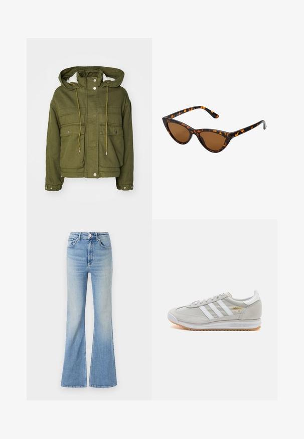 Oliwkowa kurtka z kapturem, zapinana na napy, z dwoma przednimi kieszeniami i miękkim, teksturowanym wnętrzem. Posiada sznurki przy szyi i na dolnej krawędzi.; Szary, krótki sweter wykonany z teksturowanej tkaniny. Posiada wysoki dekolt i dwie przednie kieszenie w luźnym kroju. Długie rękawy.; Jasnoniebieskie dżinsy w kształcie dzwonów, wykonane z denimu, z wysokim stanem, pięcioma kieszeniami i delikatnym gradientowym blaknięciem w kierunku dołu nogawki.; Jasnoszare sneakersy wykonane z zamszu i siateczki, z trzema białymi paskami, okrągłym noskiem i gumową podeszwą. Złoty akcent logo w pobliżu sznurowadeł.; Okulary przeciwsłoneczne w kształcie kocich oczu z czarno-pomarańczową oprawą w deseń żółwia, brązowymi soczewkami i eleganckimi, spiczastymi końcówkami. Posiadają minimalistyczne logo na zauszniku.