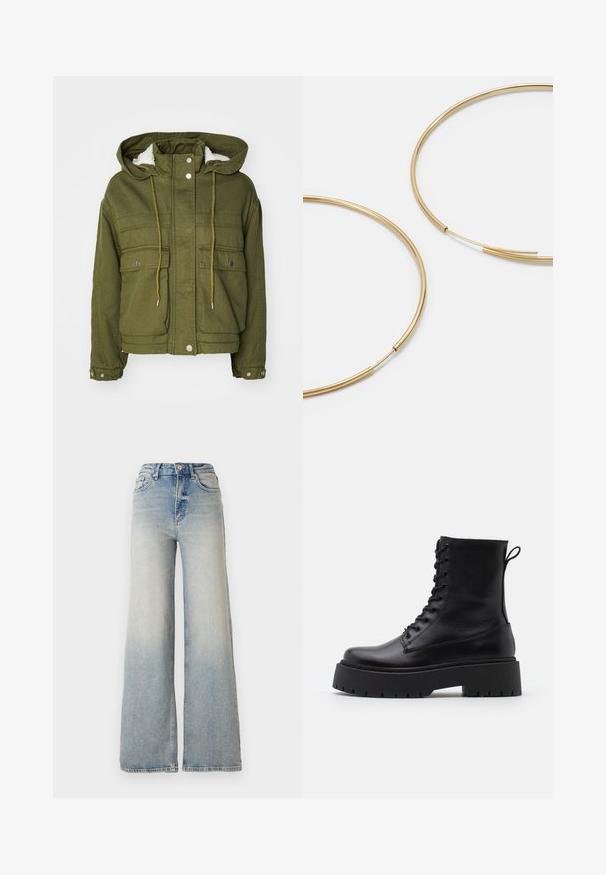 Olivově zelená bunda s kapucí, s patentkami, dvěma předními kapsami a měkkou, texturovanou podšívkou. Obsahuje šňůrky na krku a na spodním lemu.; Vero Moda VMNEWCREAM FUNNELNECK PULLOVER - Svetr - black/birch; Světle modré široké džínsy vyrobené z denimu, s vysokým pasem, pěti kapsami a viditelným švem podél švů.; Černé kožené kotníkové boty s kulatou špičkou, šněrováním na přední straně a silnou gumovou podešví s texturovaným vzorkem. S poutkem vzadu.; Zlaté kruhové náušnice, tenké a kulaté, s hladkým kovovým povrchem a bez zdobení či vzorů.