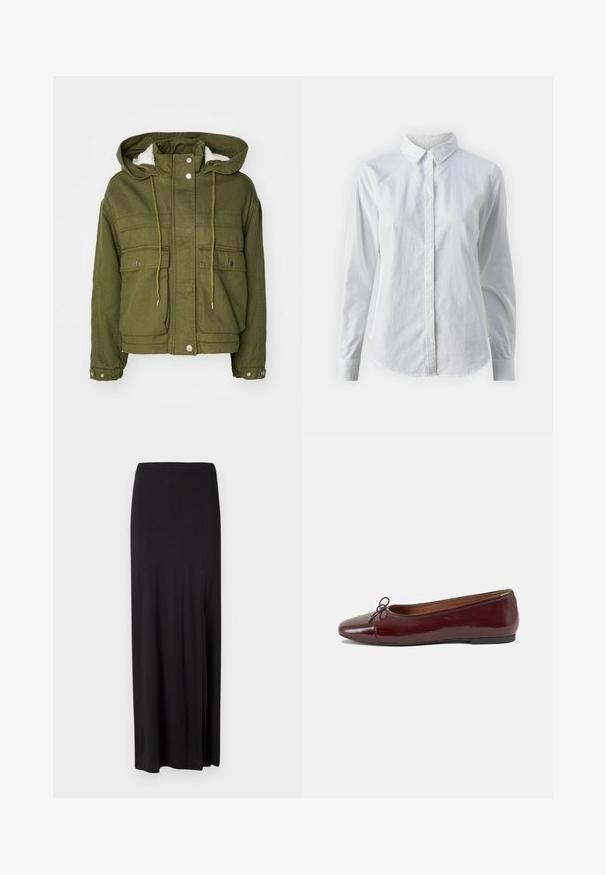 Olive green jacket with a hood, snap buttons, two front pockets, and a soft, textured lining. Features drawstrings at the neck and hem.; White button-up shirt made of smooth cotton, featuring a classic collar, long sleeves, and a curved hem. Buttons are small and white.; Black maxi skirt made of soft, stretchy material. Features a side slit and a simple, streamlined design with no embellishments.; Burgundy patent leather ballet flat with a rounded toe, small bow accent at the front, and a low, black rubber sole. Smooth texture.