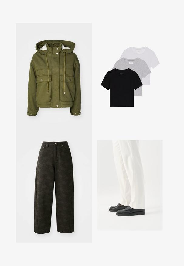 Chaqueta verde oliva con capucha, botones a presión, dos bolsillos frontales y un forro suave y texturizado. Cuenta con cordones en el cuello y el dobladillo.; Conjunto de tres camisetas de manga corta en negro, gris y blanco. Están hechas de algodón, cuentan con cuello redondo y un diseño simple de un solo color.; Pantalones de pierna ancha verde oscuro con un patrón floral texturizado, diseño de cinco bolsillos y cierres de botón metálicos en la cintura.; Mocasines de cuero negro con una textura suave, detalles de costura y punta redondeada, combinados con pantalones blancos ajustados.