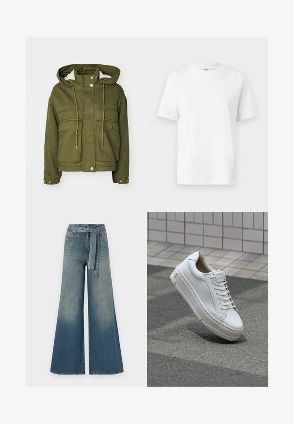 Giacca verde oliva con cappuccio, bottoni a pressione, due tasche frontali e una fodera morbida e testurizzata. Presenta lacci al collo e all'orlo.; T-shirt bianca in cotone a girocollo con maniche corte e una superficie liscia. Disegnata con una vestibilità rilassata per comfort e versatilità.; Pantaloni in denim a gamba larga con una sfumatura che va dal blu chiaro al blu scuro, vita alta, passanti per cintura e una cintura in tessuto coordinato. Finitura in denim strutturato.; Sneaker bianca in pelle con design low-top, lacci piatti, punta arrotondata e lati testurizzati. Soletta in gomma spessa con accenti sottili.