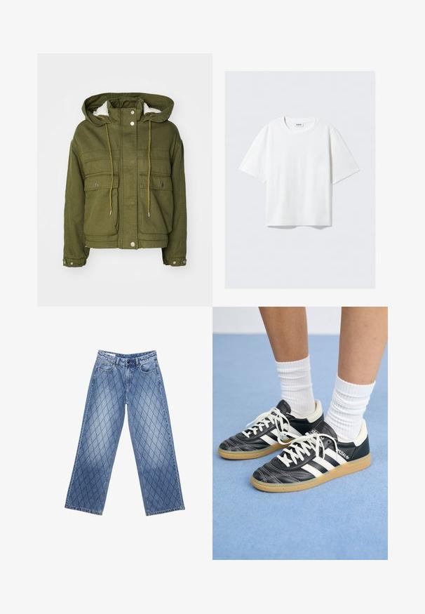 Olive green jacket with a hood, snap buttons, two front pockets, and a soft, textured lining. Features drawstrings at the neck and hem.; White short-sleeve t-shirt in soft cotton fabric, featuring a round neckline and relaxed fit with straight hem, plain without patterns or graphics.; Wide-leg denim jeans in light blue with a quilted diamond pattern, featuring five pockets and a button closure at the waist.; Black leather sneakers with white stripes, round toe, white laces, and gum rubber sole. Accentuated by padded collar and branding details.