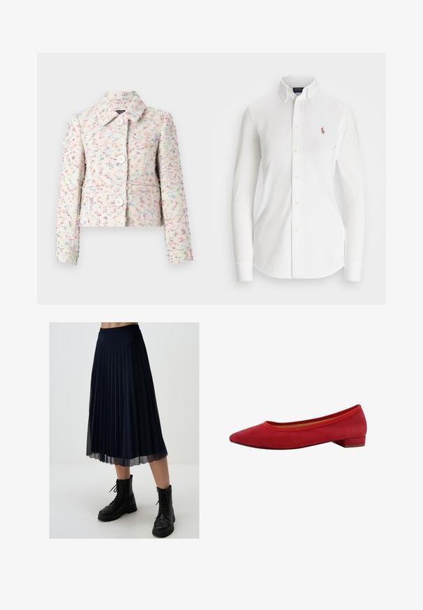 Kurze Jacke aus strukturiertem Stoff mit einem mehrfarbigen Muster, ausgestattet mit einem Kragen und vier vorderen Knöpfen. Die Farbpalette umfasst Pastelltöne.; Weißes Langarm-Hemd mit Knöpfen und spitzem Kragen aus Baumwolle. Verfügt über ein kleines gesticktes Logo auf der linken Brust.; Marineblauer Faltenrock aus leichtem Stoff, mit mittellanger Länge bis zur Wadenmitte und einem enganliegenden Taillenbund, kombiniert mit schwarzen Kampfstiefeln.; Roter Ballettschuh aus Wildleder mit spitzer Zehenpartie, niedrigem Blockabsatz und elastischem Besatz rund um den Öffnungsrand. Glatte Textur mit elegantem Design.