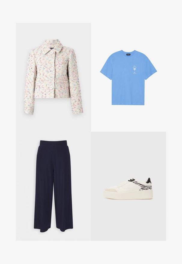 Chaqueta corta hecha de una tela texturizada con un patrón multicolor, que cuenta con un cuello y cuatro botones frontales. La paleta de colores incluye tonos pastel.; Camiseta de algodón de color azul claro con escote redondo. Presenta un gráfico en blanco de una palmera y texto en la parte izquierda del pecho. Mangas cortas.; Pantalones de pierna ancha en tejido de un oscuro color navy con una textura acanalada. Presenta una cinturilla suave y una silueta fluida, llegando a la altura de las pantorrillas.; Even&Odd Zapatillas - white/black