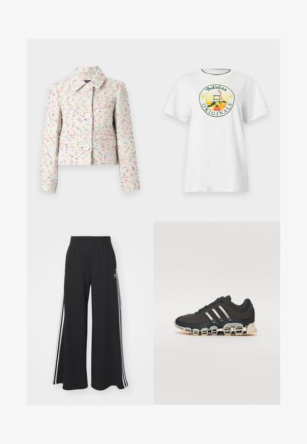 Rövid fazonú dzseki, amely texturált anyagból készült, sokszínű mintázattal, gallérral és négy elülső gombbal rendelkezik. A színpaletta pasztell árnyalatokat tartalmaz.; Fehér pamut póló rövid ujjakkal, kerek grafikus logóval zöld és sárga színben, amelyen az "Adidas Originals" felirat és gyümölcs minták láthatók.; Fekete, bő szárú melegítőnadrág, rugalmas derékkal, fehér oldalsávokkal és hímzett logóval a bal combon.; Fekete sportcipő texturált felsőrésszel, három ezüst csíkkal, és egy jellegzetes párnázott talppal, amely több integrált szakaszból áll.