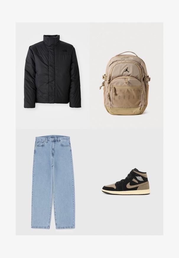 Črna izolirana jakna z visokim ovratnikom, z zadrgo spredaj in logotipom na levem prsnem delu. Material se zdi gladek in puhast.; Siva in bež karo srajca-jakna z gumbom spredaj, ovratnikom in dolgimi rokavi. Ima subtilno izvezeno logo na prsih.; Svijetloplave traperice s ravnim nogavicama, srednjeg struka, pet džepova te zatvaranjem na gumb i munju.; Superge z visokim zgornjim delom iz črnega in rjavega semiša, z luknjastim sprednjim delom, bež srednjim podplatom, črnimi vezalkami in srebrnim logotipom na strani.; Peščena nahrbtnik iz lahkega blaga z črnim logotipom, več žepov na zadrgo, teksturiranimi mrežastimi detajli in prilagodljivimi trakovi.