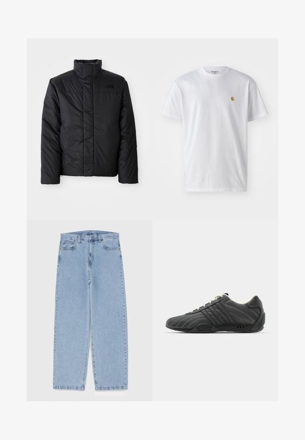 Melna izolēta jaka ar augstu apkakli, ar rāvējslēdzēja priekšpusi un logo kreisajā krūtī. Materiāls izskatās gluds un pūkains.; Balta kokvilnas t-kreklu ar īsām piedurknēm, apaļu kakla izgriezumu, ar mazu zelta logotipu kreisajā krūšu pusē. Mīksta tekstūra un regulāra piegriezuma.; Gai zila džinsu bikses ar taisnu kāju dizainu, kas piedāvā vidēju vidukļa augstumu, piecas kabatas un pogas un rāvējslēdzēja aizdari.; adidas Originals ADIRACER UNISEX - Sporta apavi - core black/cream white