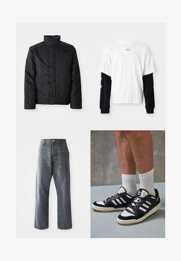 Črna izolirana jakna z visokim ovratnikom, z zadrgo spredaj in logotipom na levem prsnem delu. Material se zdi gladek in puhast.; Bela kratka majica s kratkimi rokavi in črnimi dolgimi rokavi. Črni rokavi imajo bele zvezdaste vzorce. Mehka bombažna tkanina, sproščen kroj.; Sproščene moške široke hlače iz sivega denima z sprednjimi žepi in enim vidnim zlatim gumbom na pasu.; Črno-bele superge z zgornjim delom iz usnja in nubuka, ki imajo tri bele črte, perforiran vrh prstov in podplat iz gume.