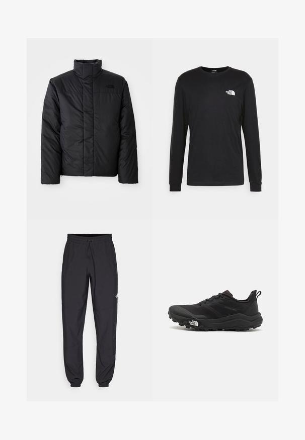 Crna izolirana jakna s visokim ovratnikom, s prednjim patentnim zatvaračem i logotipom na lijevoj strani prsnog koša. Materijal izgleda glatko i pufasto.; Crna majica dugih rukava od pamuka, s bijelim logotipom na lijevoj strani prsnog koša i rebrastim manžetama. Glatka tekstura s okruglim dekolteom.; Crne sportske hlače od lagane tkanine, s pojasom na vezanje, bočnim džepovima i suženim manžetama na gležnjevima.; Crne trail trkačke cipele s teksturiranim gornjim dijelom, gumeni potplat i ojačana zaštita za prste. Imaju podstavljen ovratnik i trakicu za lakše obuvanje.