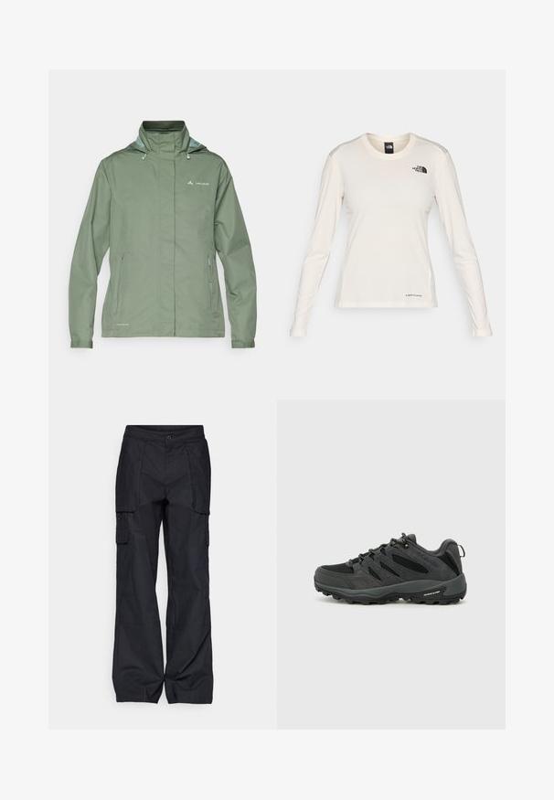 Chaqueta impermeable verde con un alto cuello, capucha ajustable y bolsillos laterales con cremallera. Fabricada con un material suave y ligero.; The North Face SHADOW LONG SLEEVE - Camiseta de manga larga - white dune; Columbia BREA FALLS™ COTTON RIPSTOP PANT - Pantalones montañeros largos - black; Columbia REDMOND - Zapatillas de senderismo - black/citron haze