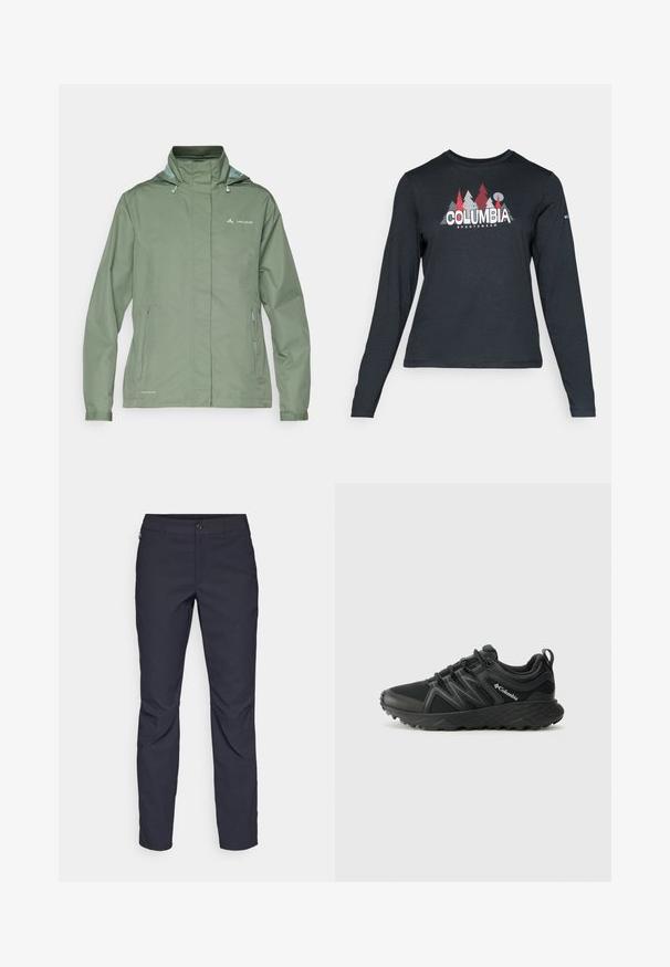 Giacca impermeabile verde con colletto alto, cappuccio regolabile e tasche laterali con zip. Realizzata in materiale liscio e leggero.; Maglietta a maniche lunghe grigia scura con una grafica di alberi rossi e montagne; logo "COLUMBIA" in caratteri bianchi in grassetto. Tessuto morbido, scollatura a girocollo standard.; Pantaloni blu navy realizzati in tessuto liscio, con chiusura frontale a bottone, design slim-fit e pieghe decorative sulle ginocchia.; Columbia PEAKFREAK - Scarpa da hiking - black