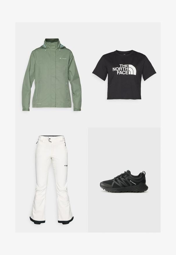 Chaqueta impermeable verde con un alto cuello, capucha ajustable y bolsillos laterales con cremallera. Fabricada con un material suave y ligero.; Camiseta negra corta hecha de algodón, con un logo blanco con acentos curvados y el texto "THE NORTH FACE" en el frente. Mangas cortas, cuello redondo.; Pantalones de esquí blancos hechos de un material suave y flexible. Presentan una cintura ajustada, piernas anchas y acampanadas, y un ribete negro en los puños. Logo de la marca visible.; Columbia PEAKFREAK - Zapatillas de senderismo - black