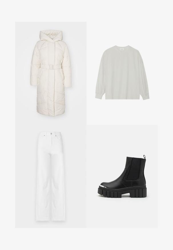 Puhasta jakna v beli barvi, z quiltano zasnovo, velikim pokrivalom, dolgimi rokavi in pasom za prilagodljivo prileganje. Gladka, mehka tekstura.; Svetlo siva majica s dugim rukavima izrađena od mekog pamuka. Ima slobodan kroj, okrugli izrez i blago nabrane manžetne. Bez uzoraka ili grafike.; Bela široka kavbojka iz denima, z zapiranjem na gumb spredaj, zankami za pas in štirimi žepi z gladko, gladko teksturo.; Črne gležnarje iz gladkega usnja z elastičnimi vložki, debelim platformnim podplatom in kovinskim kapicom.