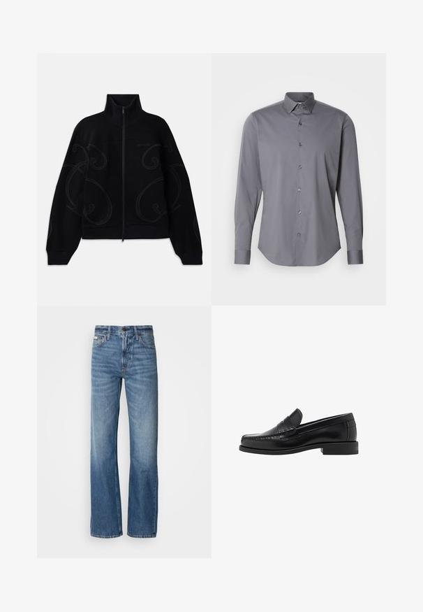 Czarna bluza z zamkiem na całej długości, z wysokim kołnierzem, z delikatnymi tonalnymi wzorami w spirale i ściągaczami. Wykonana z miękkiego, teksturowanego materiału.; Szara, długosleeve koszula zapinana na guziki, wykonana z gładkiego bawełnianego materiału. Posiada klasyczny kołnierzyk i zaokrąglony dół oraz sześć ciemnych guzików z przodu.; Niebieskie dżinsy z prostymi nogawkami, wysokim stanem i delikatnym wyblaknięciem. Zawierają zapięcie na guzik i zamek błyskawiczny oraz klasyczny pięciopocketowy design.; Czarne skórzane mokasyny o gładkim wykończeniu, ze stębnowaniem na nosie i niskim obcasem, zapewniającymi komfort i styl.