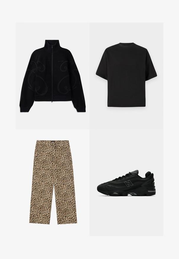 Black zip-up sweatshirt with high collar, featuring subtle tonal swirl patterns and ribbed cuffs. Made from a soft, textured fabric.; Black short-sleeve T-shirt in a loose fit, made of smooth cotton, featuring a round neckline and minimalistic design.; YOURTURN UNISEX - Relaxed fit jeans - beige/black; Black athletic sneakers with a textured upper, featuring a prominent logo, thick sole, and subtle grey accents along the design.